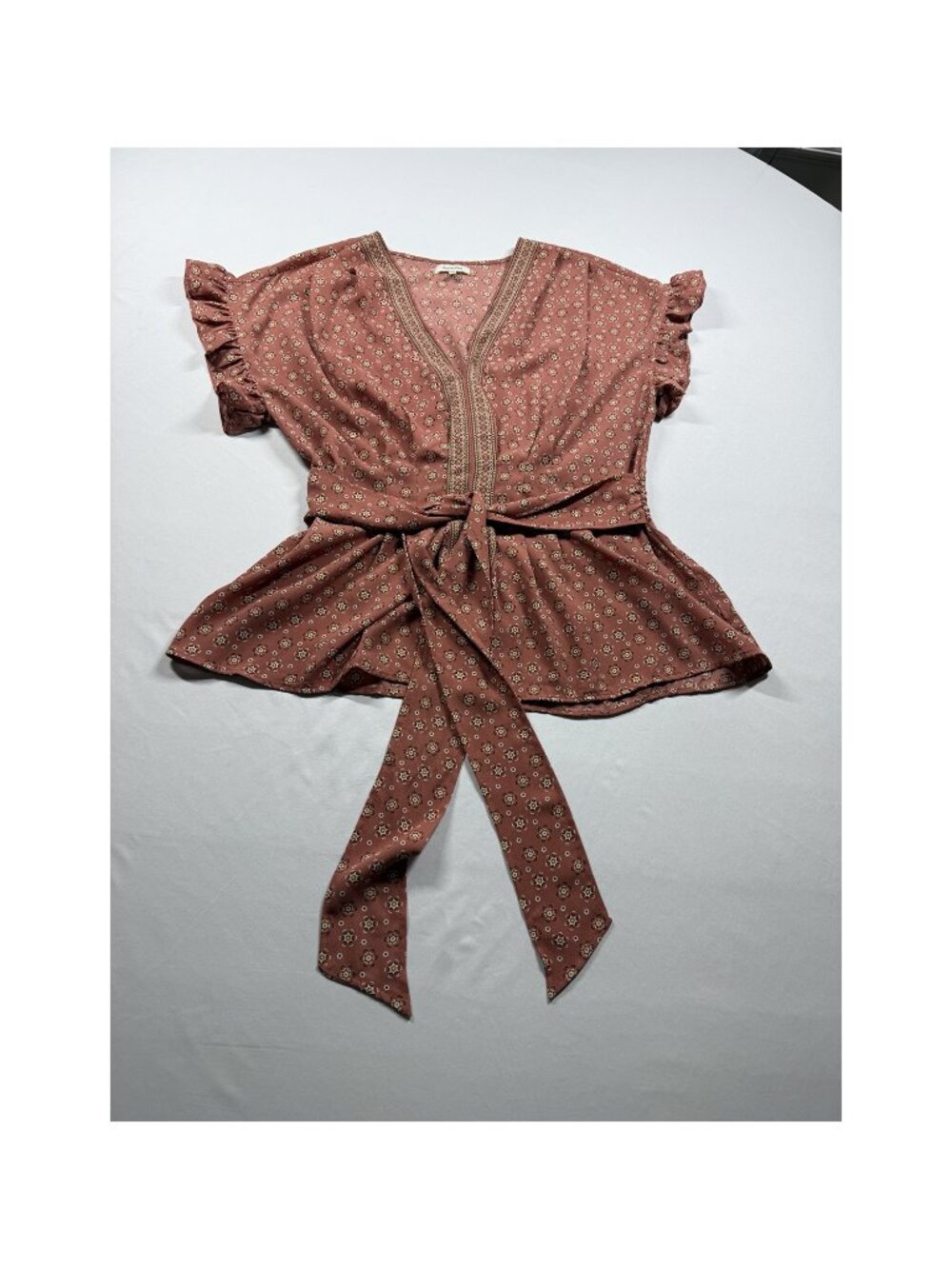 Max Studio XL Dusty Rose Floral Ruffle Flutter Sleeve Tie Waist Peplum Blouse